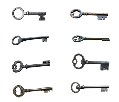 Antique Skeleton Keys Set Collection Various Styles Metal Grey Background isolated on a transparent background