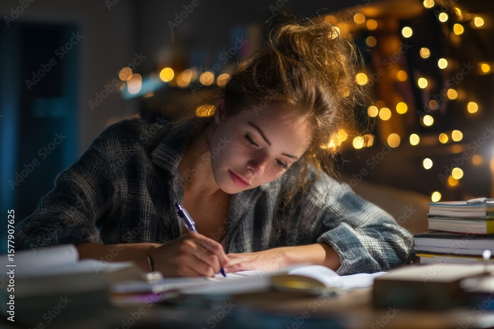 Poster close-up view of a student engrossed in her notes as she highlights key information while preparing 