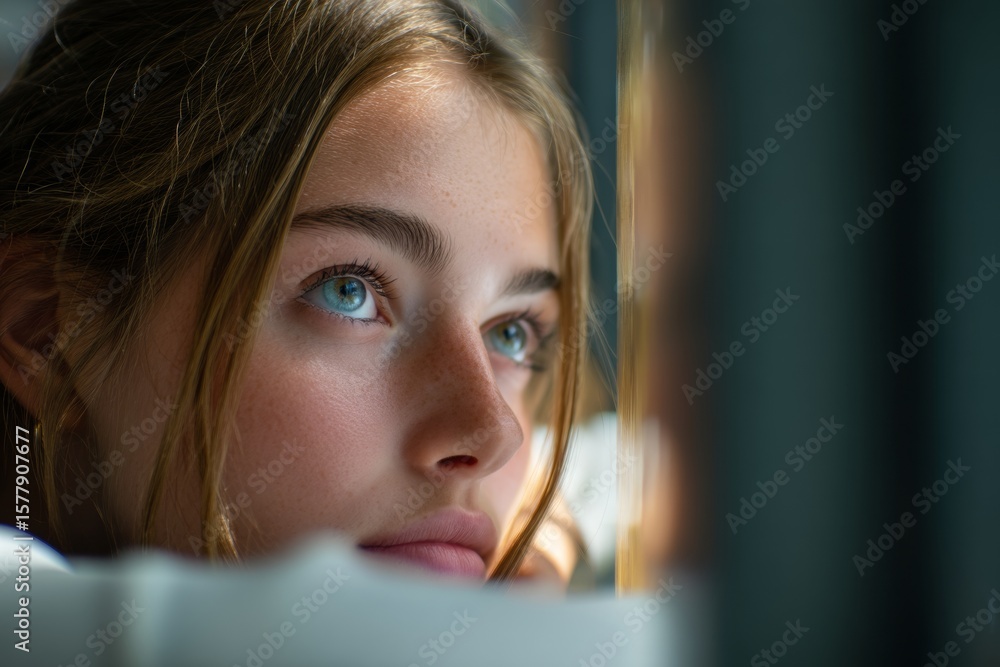Poster a student is lost in thought while gazing out of a window during an exam. the soft natural light hig