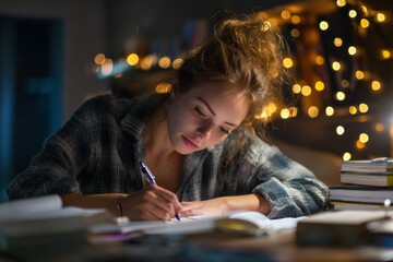 Close-up view of a student engrossed in her notes as she highlights key information while preparing for an upcoming exam surrounded by open books and soft light