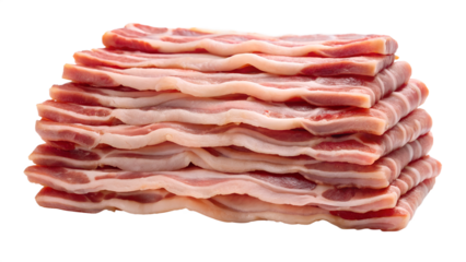 Photo of a stack of raw, streaky bacon slices with visible fat and lean meat, isolated on a transparent background