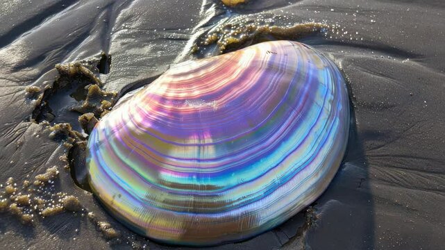 Iridescent object on wet sand