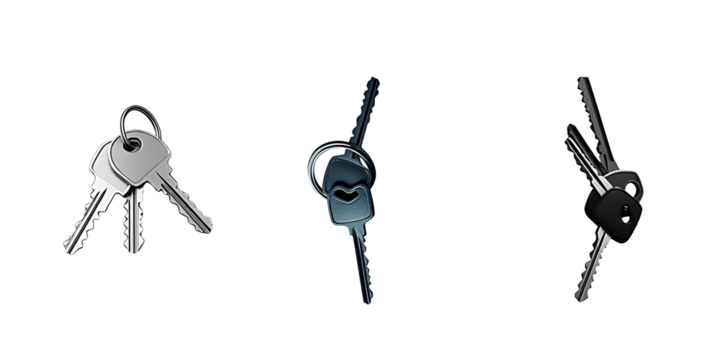 Three Sets of Keys Silver Dark Blue Black Keychains House Car Keys Isolated on a transparent background
