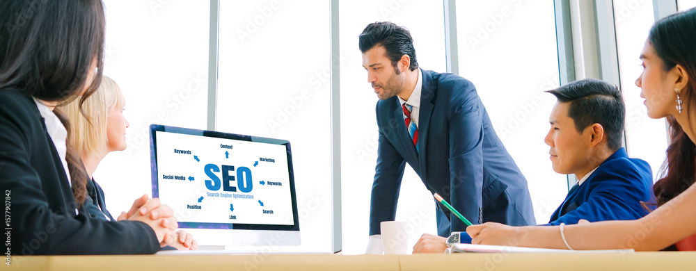 Aufkleber seo search engine optimization for modish e-commerce and online retail business showing on computer 