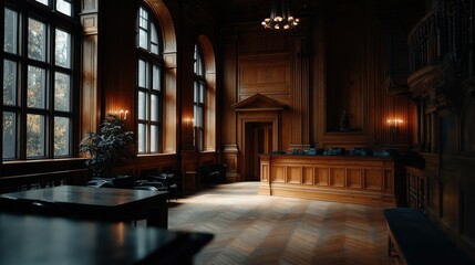 Fototapeta premium Magnificent grandeur of a courtroom echoes past legal battles and rich history in a setting of majestic architecture and serene ambiance