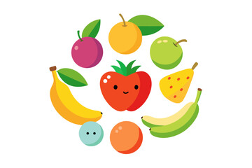 Cute kawaii fruits and berries arranged in a circle with happy faces