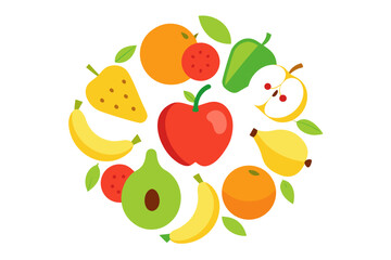 Vibrant circle arrangement of fresh fruits and vegetables on white background