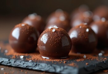 luscious dark chocolate truffles luxuriously arranged elegant slate surface indulgent dessert delight, ganache, luxury, gourmet, decadent, arrangement
