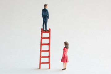 A man is on a red ladder, while a woman is looking up at him