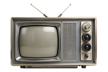 Photo of a vintage television set with rabbit ear antennas and analog dials sits isolated on a transparent background, evoking nostalgia for classic broadcasting