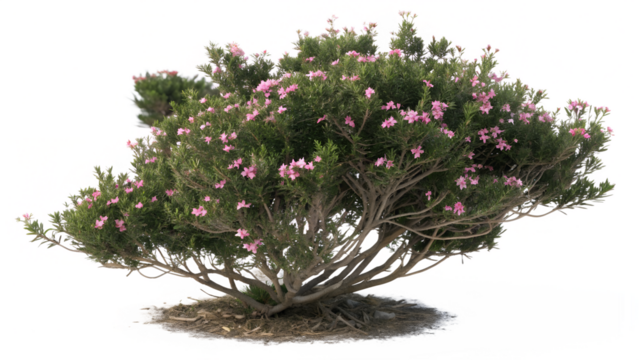 A dense rhododendron bush adorned with numerous small pink flowers and abundant green foliage, isolated on transparent background