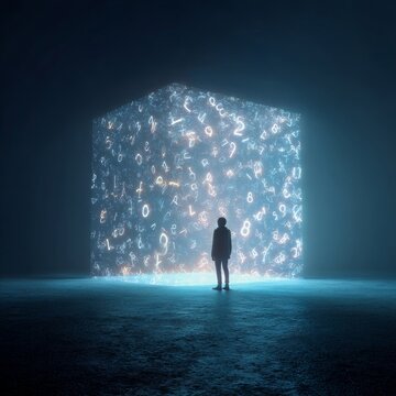 person standing inside glowing cube with rotating symbols idea generator visualization