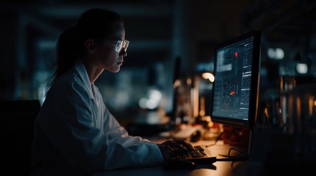 Lonely lab technician working at night illuminated by the soft glow of computer monitors as silence envelops the bustling research facility