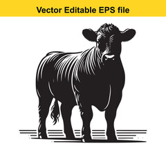 Fototapeta premium A silhouette cow/bull grazing in a grassy field, Black and white illustration