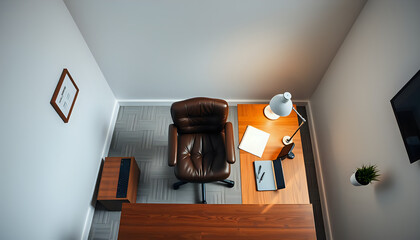 Minimalist office setup featuring a leather chair and wooden desk in soft ambient lighting.