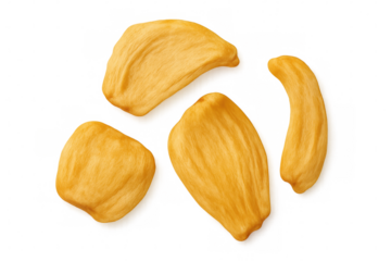 Dried jackfruit chips cascading on transparent surface, highlighting natural sweet flavor and crispy texture of tropical fruit snack