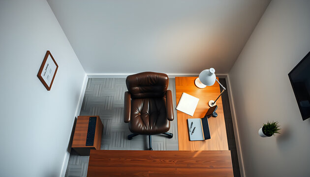 Minimalist office setup featuring a leather chair and wooden desk in soft ambient lighting. - Powered by Adobe