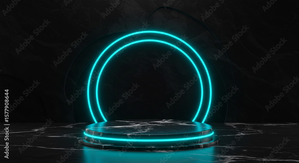 Poster a glowing neon blue circle behind a circular platform on a dark marble surface with a dark backgroun
