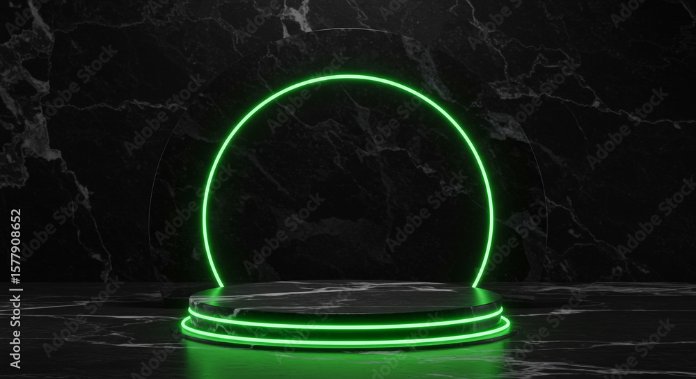 Poster a marble podium with green neon lights and a matching background for product presentation and displa