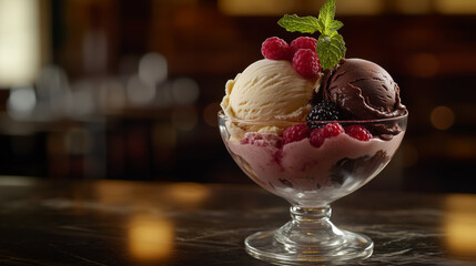 Photograph of a gourmet ice cream dessert with three colorful scoops placed in an elegant glass bowl.
