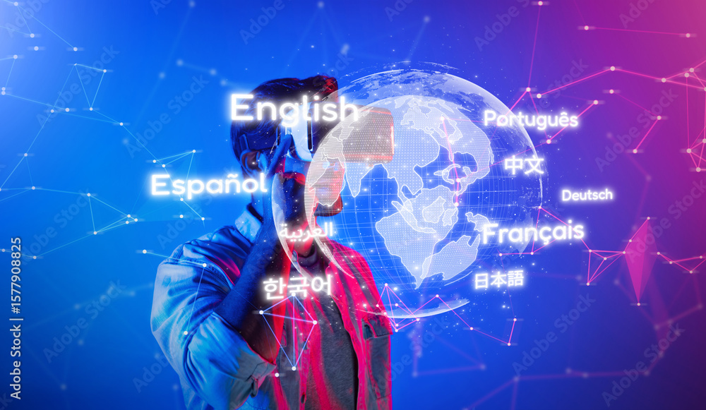 Poster smart caucasian man wearing vr glasses while standing at neon light. skilled person using visual rea