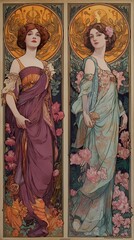 Art Nouveau Majestic Goddess Birds Illustration – Zodiac, Seasons, and Meditation-Inspired Decorative Design