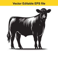 Fototapeta premium A silhouette cow/bull grazing in a grassy field, Black and white illustration