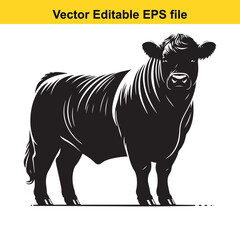 Fototapeta premium A silhouette cow/bull grazing in a grassy field, Black and white illustration