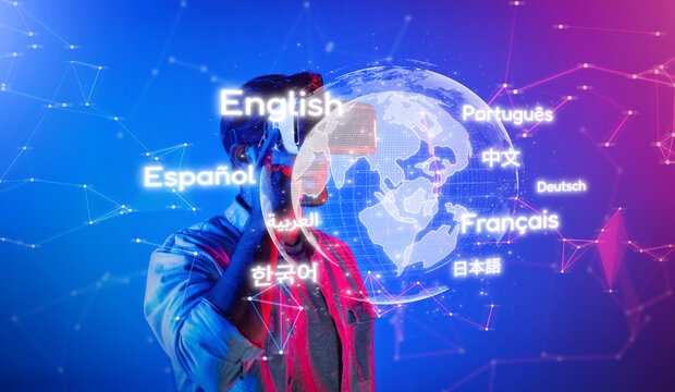 Smart caucasian man wearing VR glasses while standing at neon light. Skilled person using visual reality goggle to connect metaverse or visual world program by using technology innovation. Deviation.