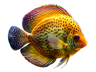 A vibrant yellow and orange spotted fish with blue fins swimming isolated on transparent background