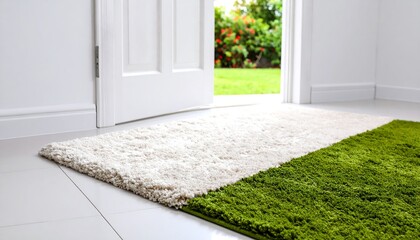Fototapeta premium Light beige and green rug in front of open white door, garden view