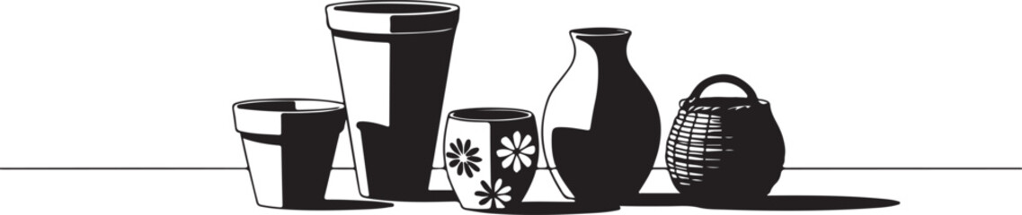 Black and white still life of vases and basket vector
