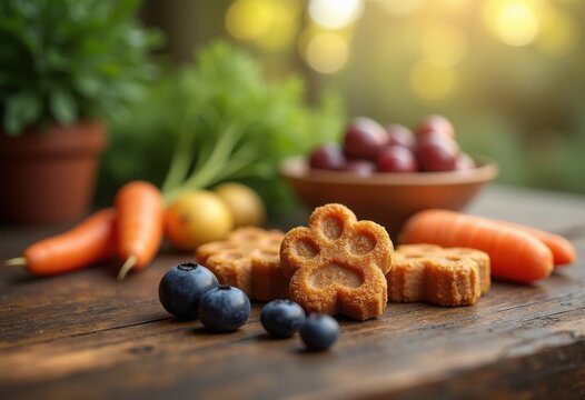 premium dog treats fresh ingredient display natural healthy snack gourmet canine delights marketing product, snacks, cookies, biscuits, artisan, organic, quality