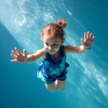 playful child girl pretending to swim in air active hands full motion pose