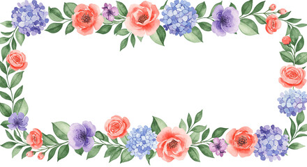 A floral frame with roses, hydrangeas, and green leaves arranged around a white rectangular space