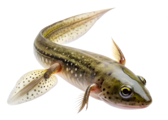 A young tadpole with developing legs and a long tail swims in clear water isolated on transparent background