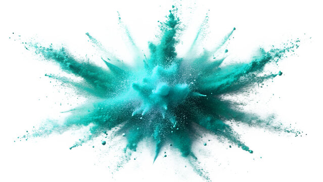 A vibrant explosion of turquoise powder creates an abstract splash isolated on transparent background