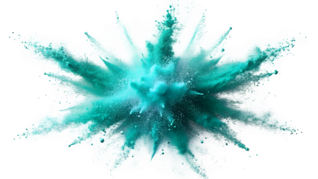 A vibrant explosion of turquoise powder creates an abstract splash isolated on transparent background