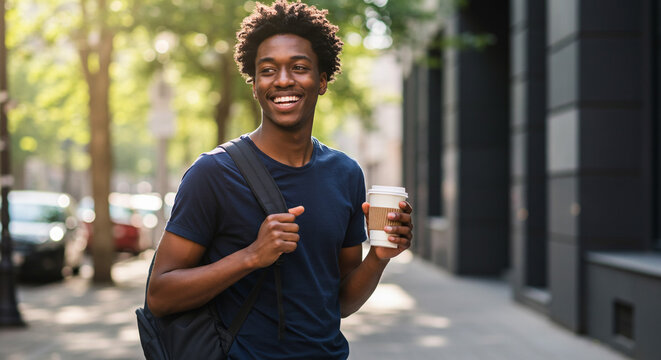 A young man walking on a sunny street holding a coffee cup and wearing a backpack and a blue shirt
