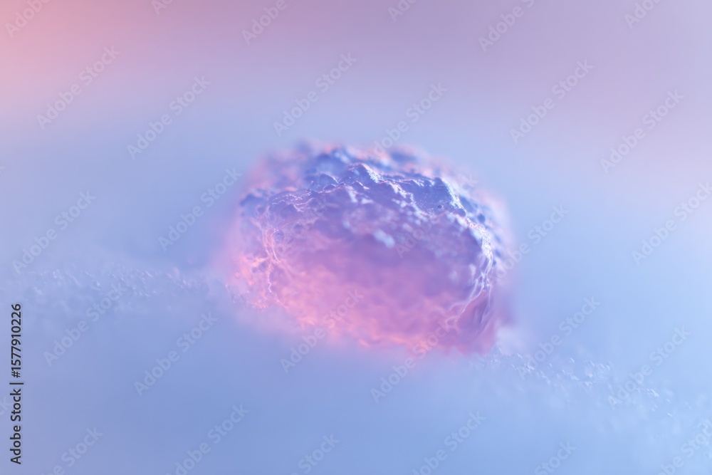 Poster close-up of tumor organoid embedded in hydrogel droplet under microscope objective