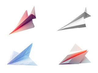 Four Origami Paper Airplanes in Flight Gradient Colors White Blue Red Pink isolated on a transparent background