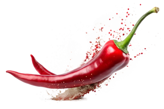 Photo of a vibrant red chili pepper explodes with spice and motion against a clean transparent background