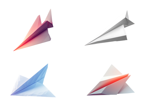 Four Origami Paper Airplanes in Flight Gradient Colors White Blue Red Pink isolated on a transparent background - Powered by Adobe
