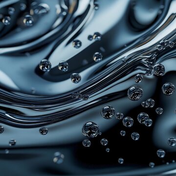 Oil droplets forming organic wave patterns with smooth reflective details rhythmic and isolated