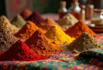 colorful spices artfully arranged vibrant fabrics bursting culture textures, textile, herb, pattern, flavor, culinary, ingredient, seasoning, natural, organic