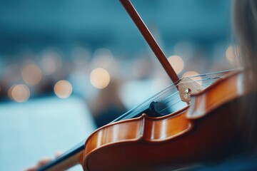 close-up of violinist bow during classical cover performance with orchestra softly blurred behind
