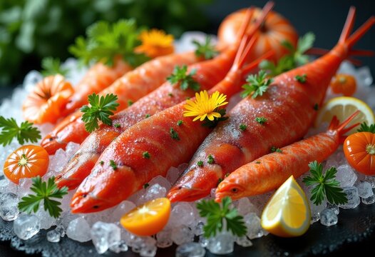 vibrant fresh seafood catch day artfully displayed ice splashes color natural textures, fish, shellfish, crustaceans, shrimp, oysters, lobster, clams
