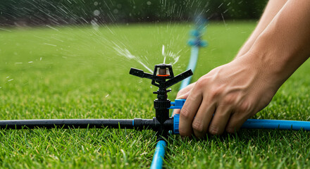 Hands adjusting a sprinkler system on a green lawn with water spraying in the background on a sunny day
