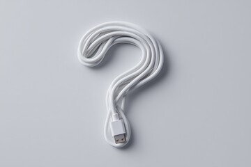 A white cable arranged in the shape of a question mark on a light gray background.