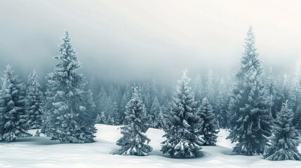 Snow covered evergreen trees in a forest landscape with a foggy background in winter season scene